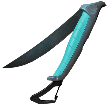 Folding knife with turquoise blade and gray handle on a white background
