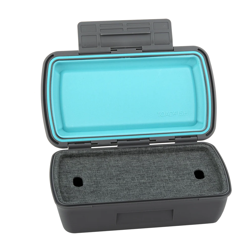 Black hard-shell carrying case with a blue interior on a white background