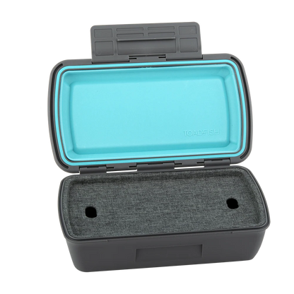 Black hard-shell carrying case with a blue interior on a white background