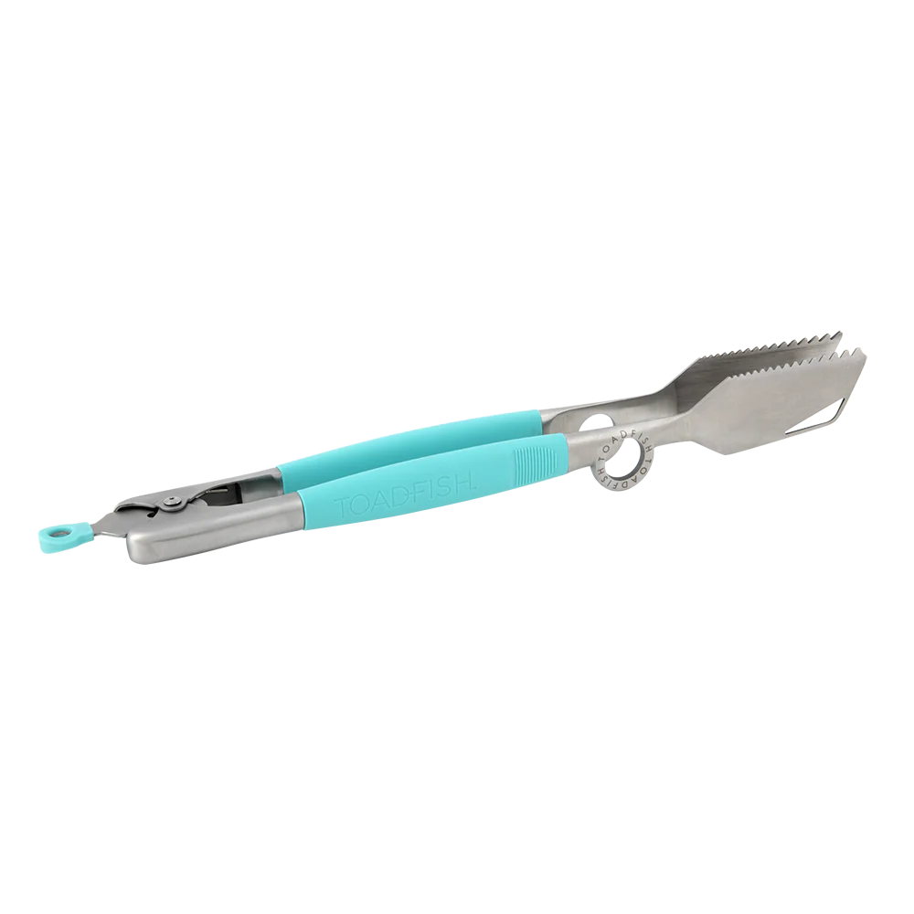 Barbecue fork with turquoise handle on a white background
