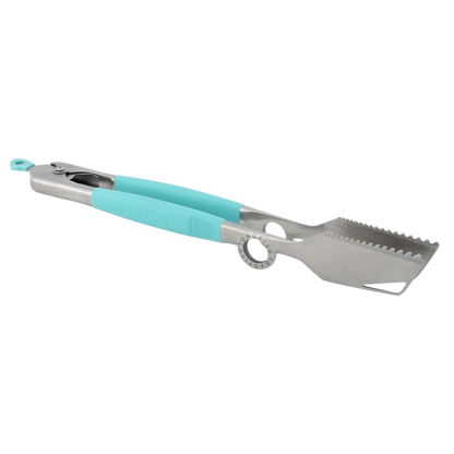Metallic grill tool with turquoise handle on a white background
