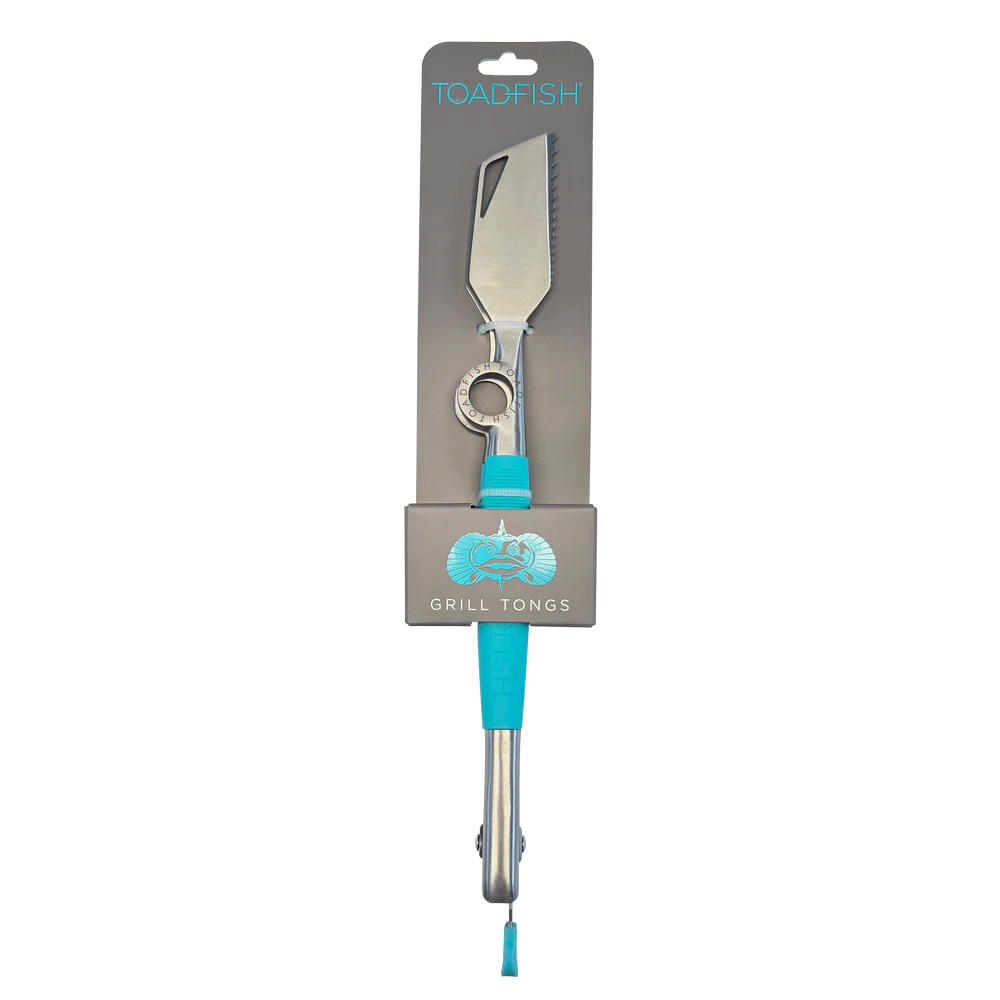 Grill tongs with blue handle and packaging displaying 'Toadfish' brand on a white background
