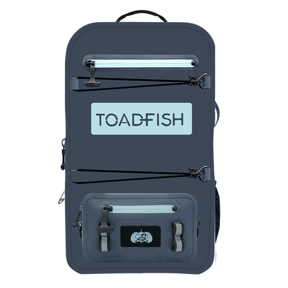 Gray backpack with 'TOADFISH' branding on a white background