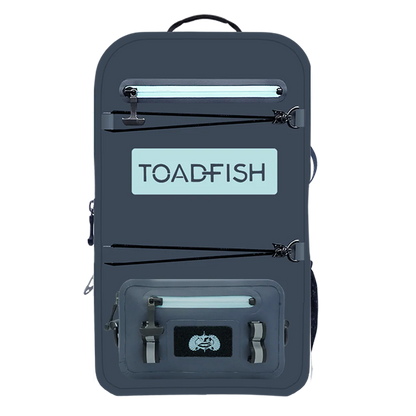 Gray backpack with 'TOADFISH' branding on a white background