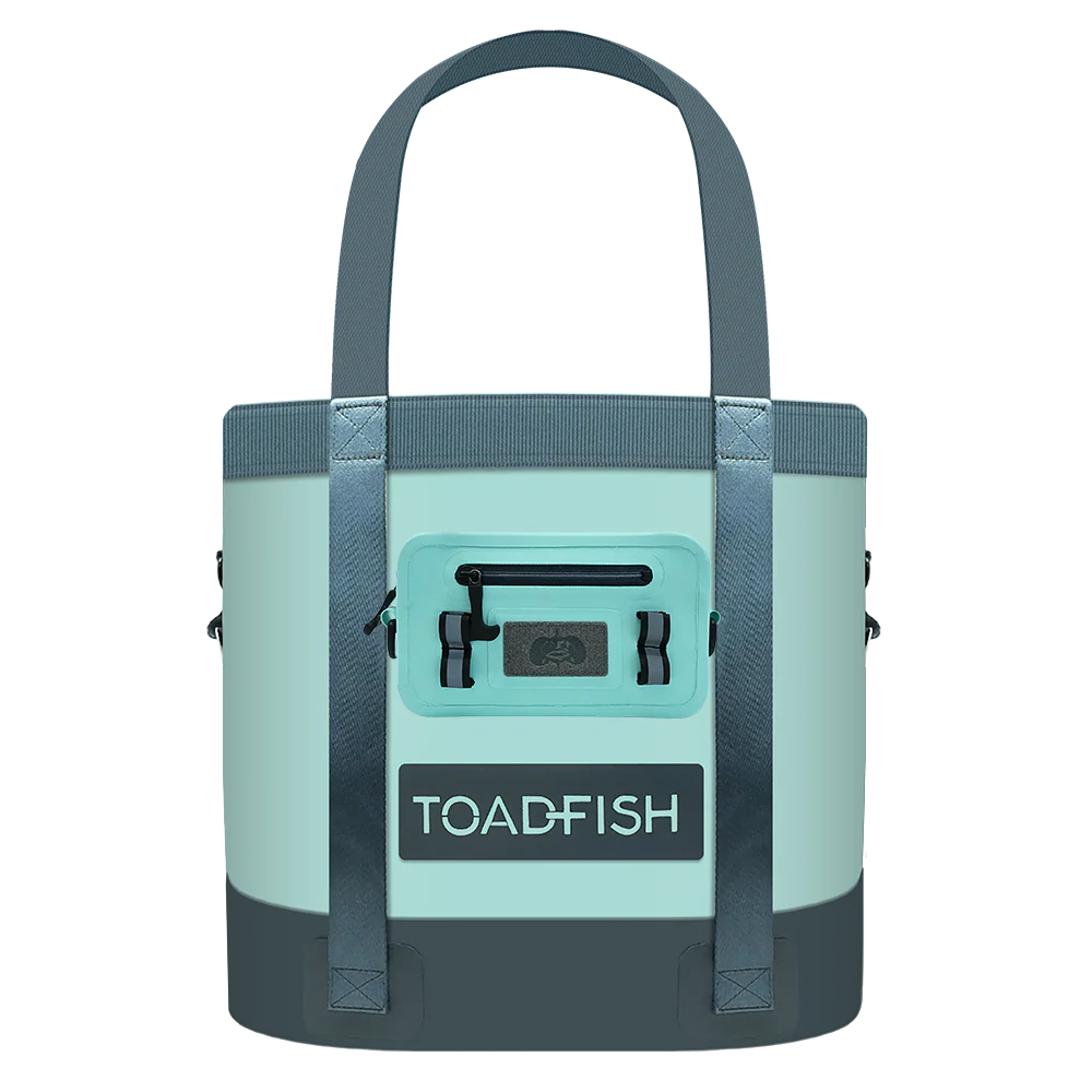 Teal and gray cooler bag with 'Toadfish' logo on a white background