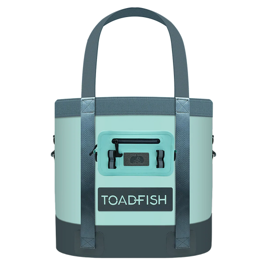 Teal and gray cooler bag with 'Toadfish' logo on a white background