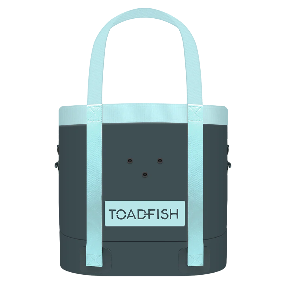 Tote bag with light blue handle and trim on a white background, featuring the brand 'TOAD-FISH'.