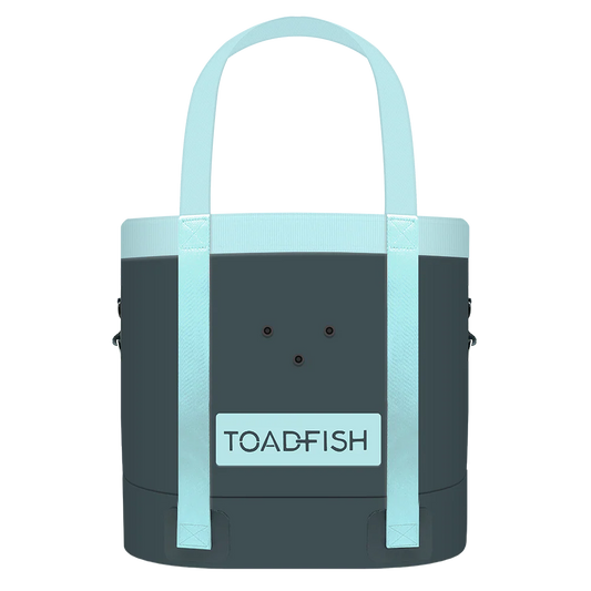 Tote bag with light blue handle and trim on a white background, featuring the brand 'TOAD-FISH'.
