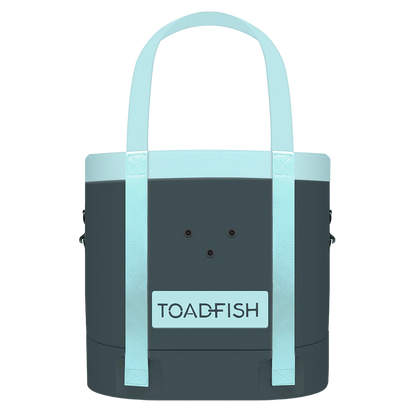 Tote bag with light blue handle and trim on a white background, featuring the brand 'TOAD-FISH'.