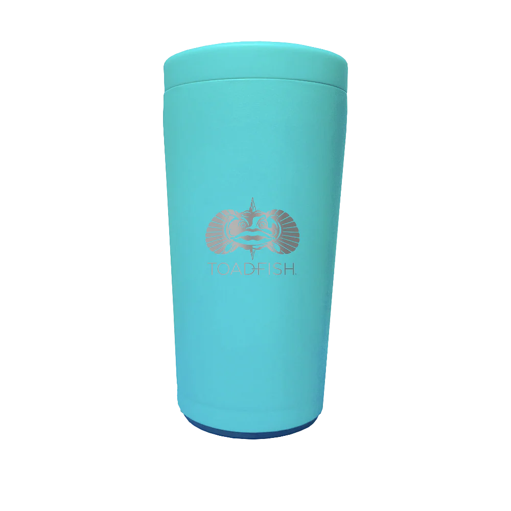 Turquoise tumbler with a logo on a white background
