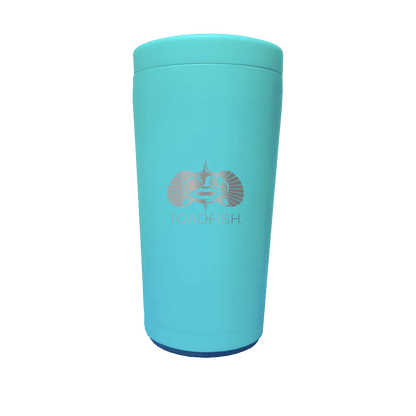 Turquoise tumbler with a logo on a white background