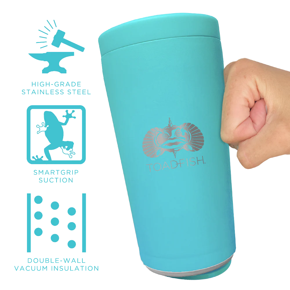 Turquoise tumbler with 'Tadpoles' branding, held by a hand, on a white background with feature icons.