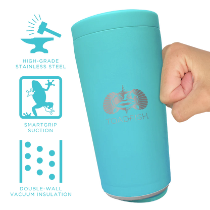 Turquoise tumbler with 'Tadpoles' branding, held by a hand, on a white background with feature icons.