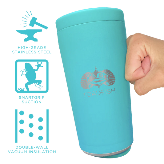 Turquoise tumbler with 'Tadpoles' branding, held by a hand, on a white background with feature icons.