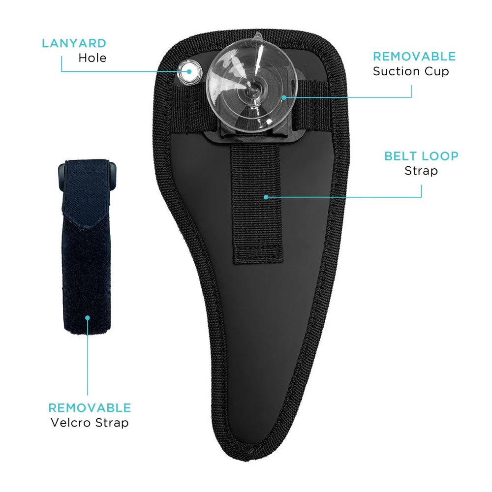 Black tactical device with labeled components on a white background