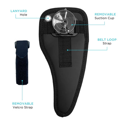 Black tactical device with labeled components on a white background