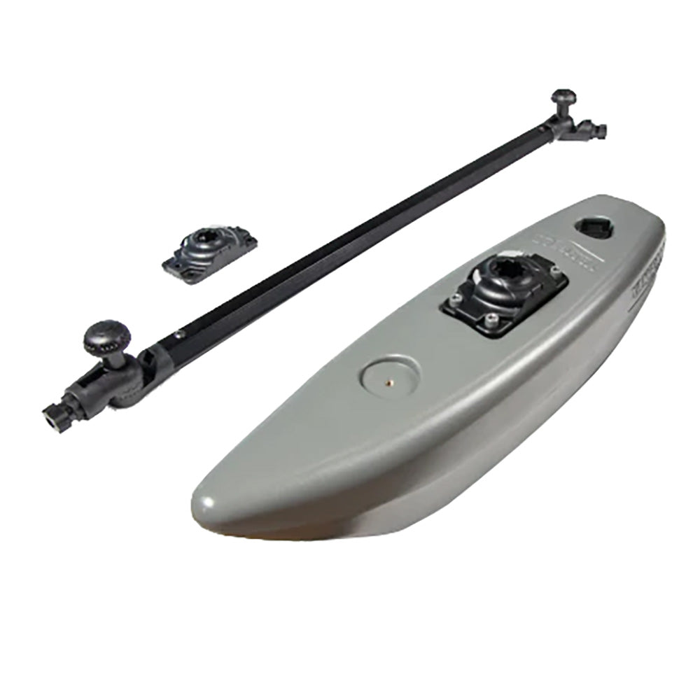 Gray kayak with mounting brackets on a white background