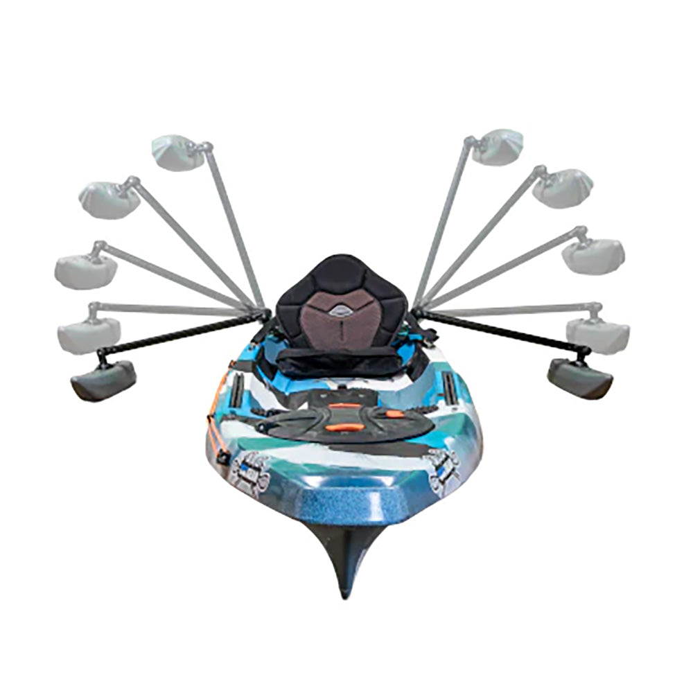 Toy drone with multiple arms and a central figure on a white background