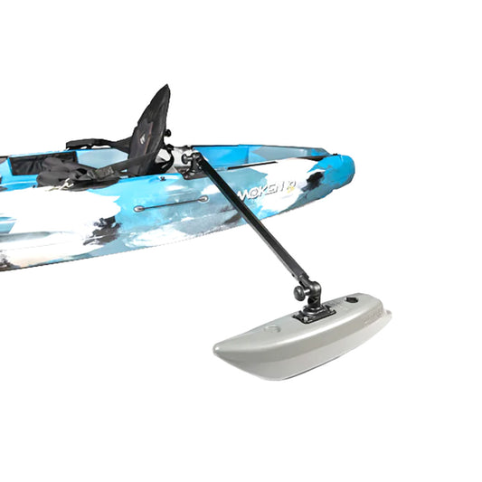 Kayak with a mounted paddle and hydrofoil on a white background