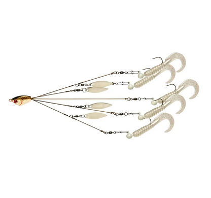 Set of fishing lures with multiple hooks and blades on a white background