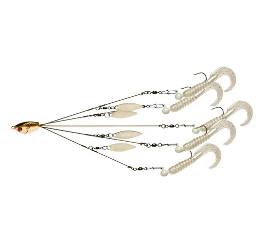 Set of fishing lures with multiple hooks and blades on a white background