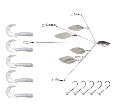 Fishing lure set with treble hooks on a white background
