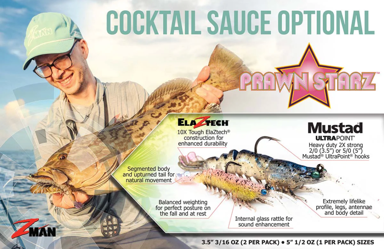 Advertisement for Prawn Starz with a person holding a large fish and product details.