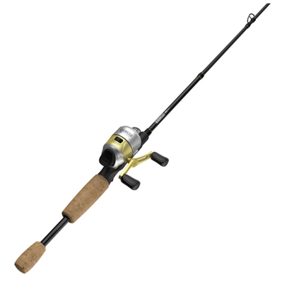 Fishing reel with gold and silver design on a white background