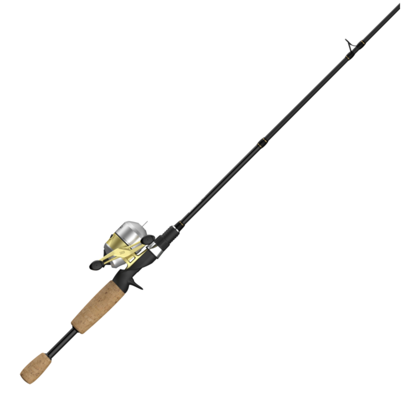 Fishing reel with gold and silver design on a white background