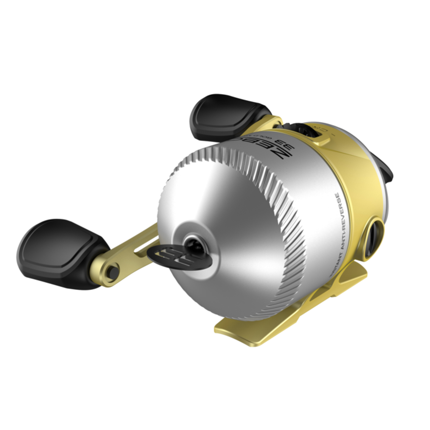 Fishing reel with gold and silver design on a white background