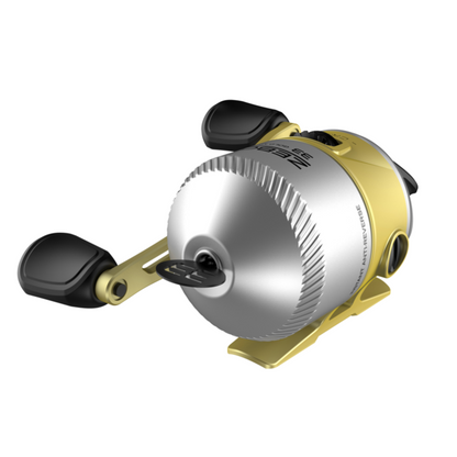 Fishing reel with gold and silver design on a white background