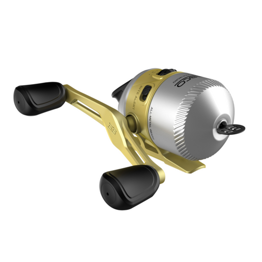 Fishing reel with gold and silver design on a white background
