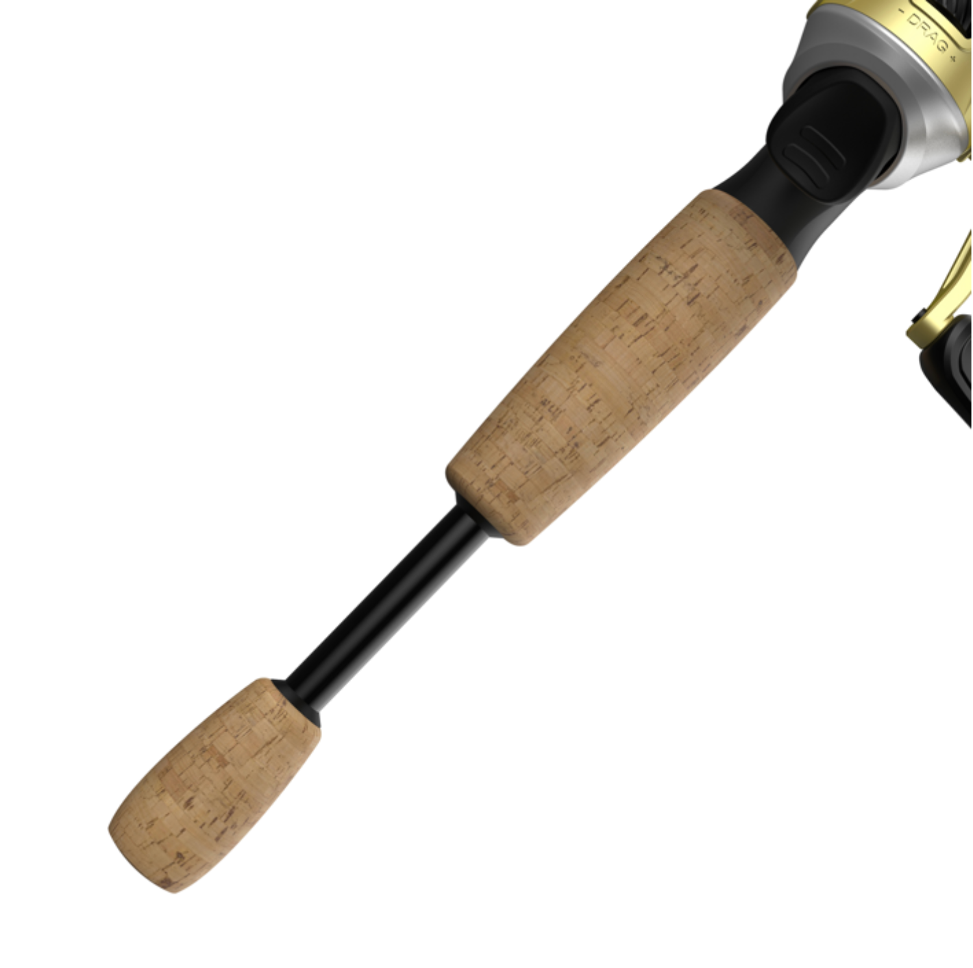 Fishing reel with gold and silver design on a white background