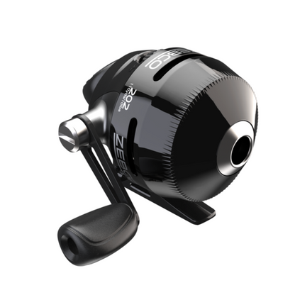 Black fishing reel with silver accents on a white background