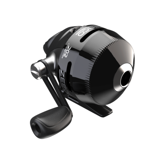 Black fishing reel with silver accents on a white background