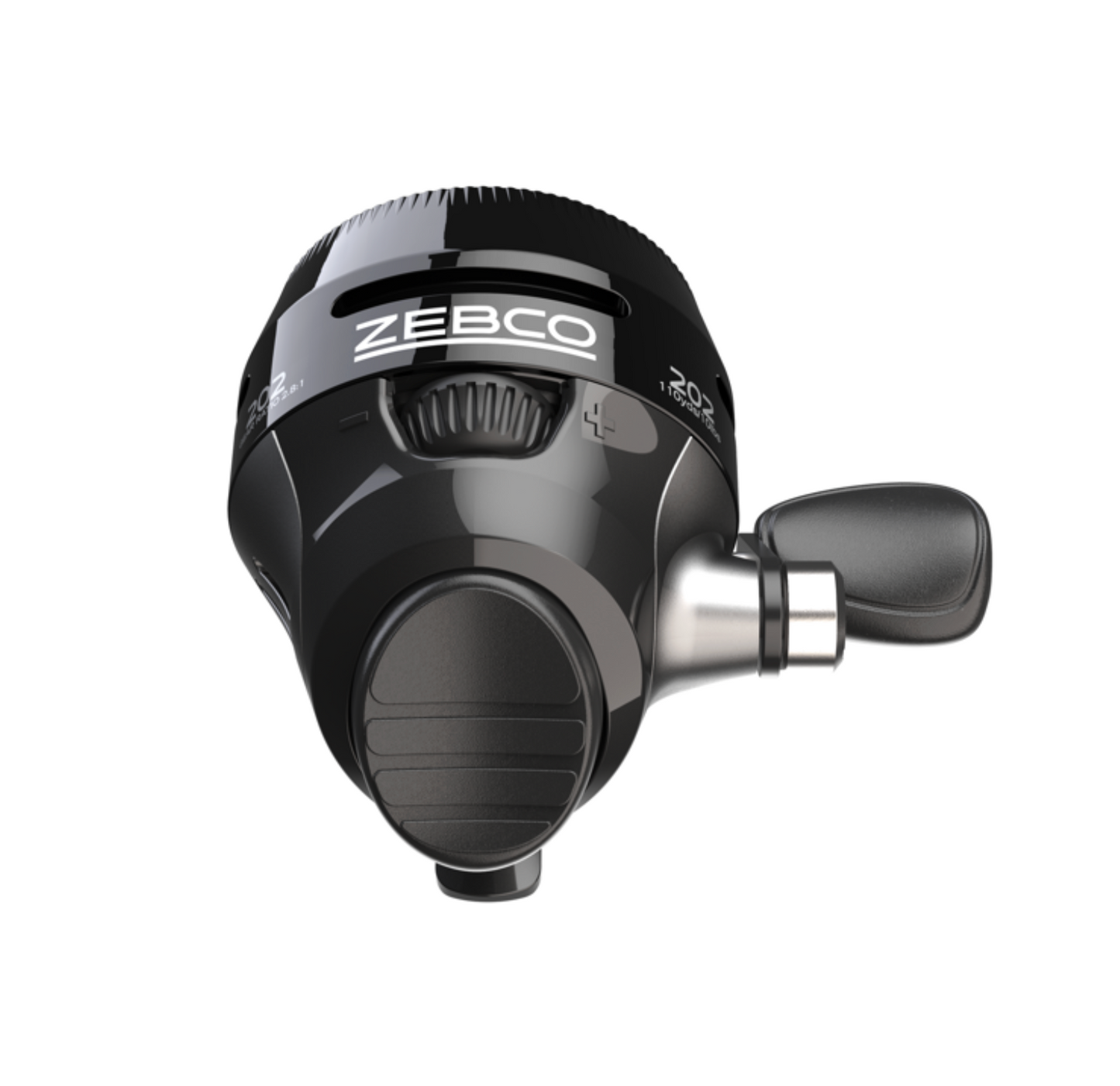 Black fishing reel with 'Zebco' branding on a white background