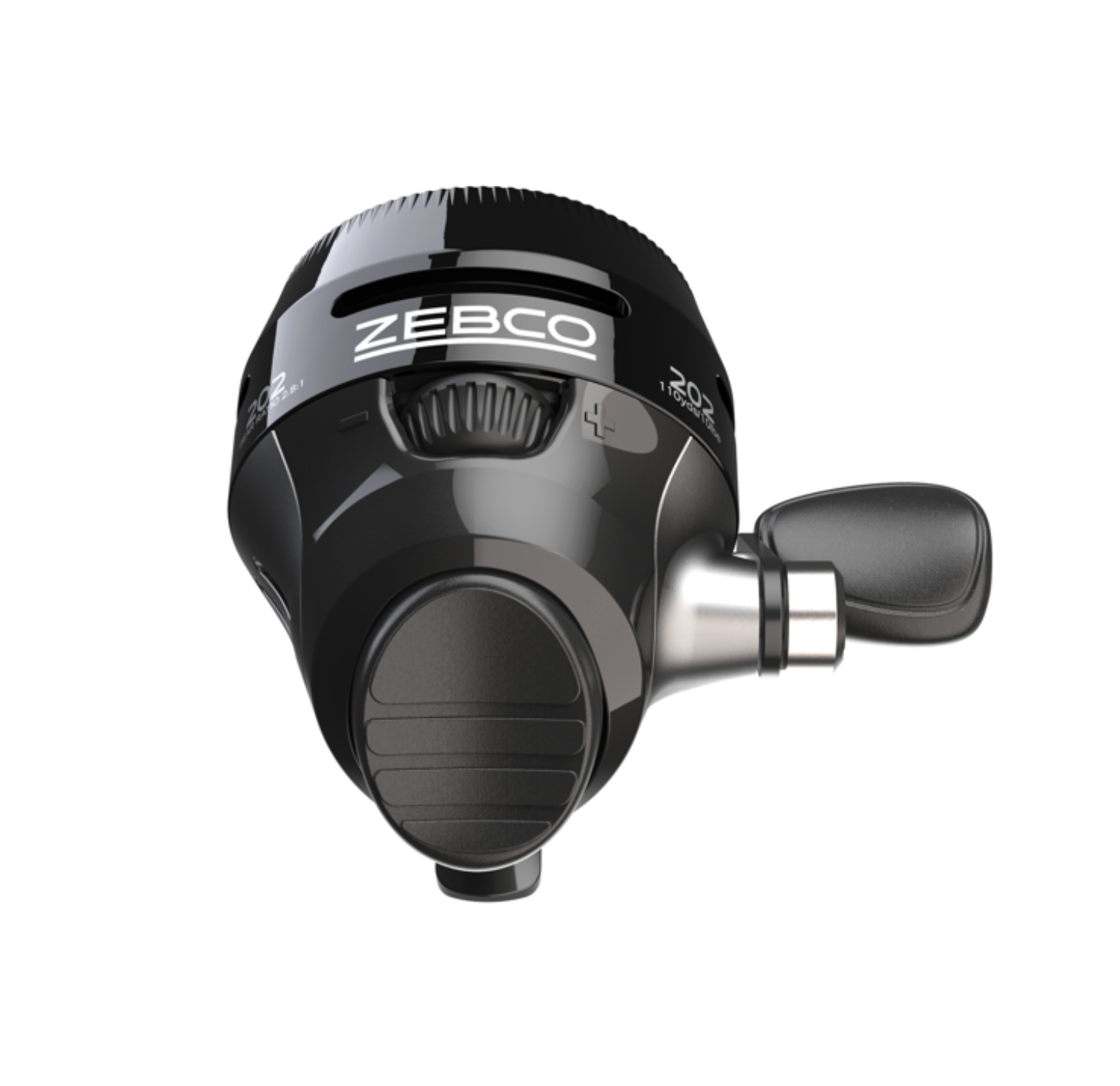 Black fishing reel with 'Zebco' branding on a white background