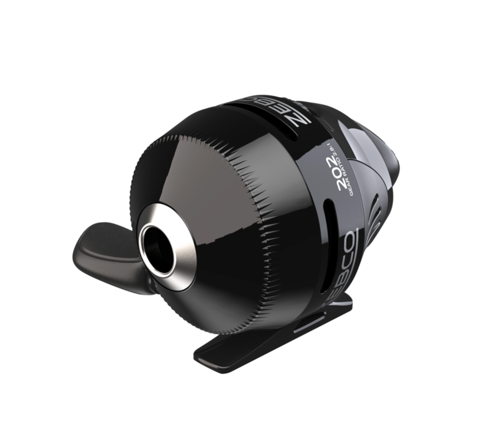Black fishing reel with 'Zebco' branding on a white background