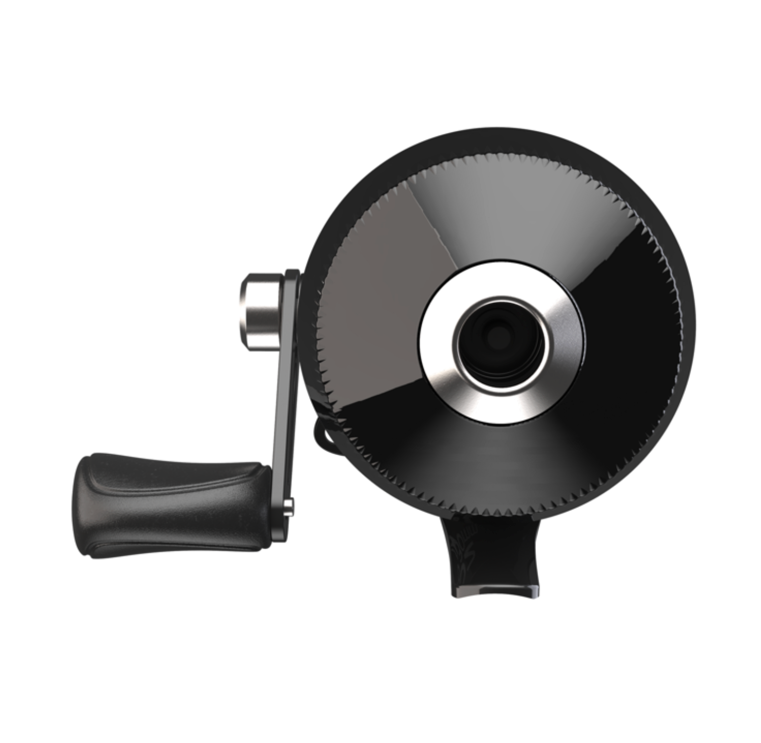 Black fishing reel with 'Zebco' branding on a white background