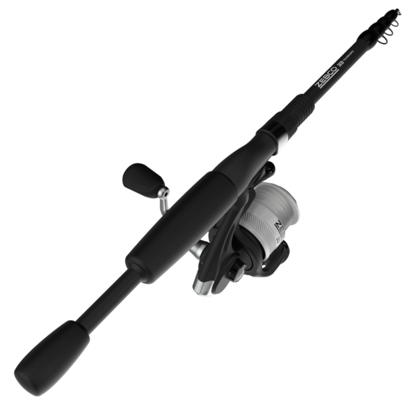 Fishing rod with reel on a white background