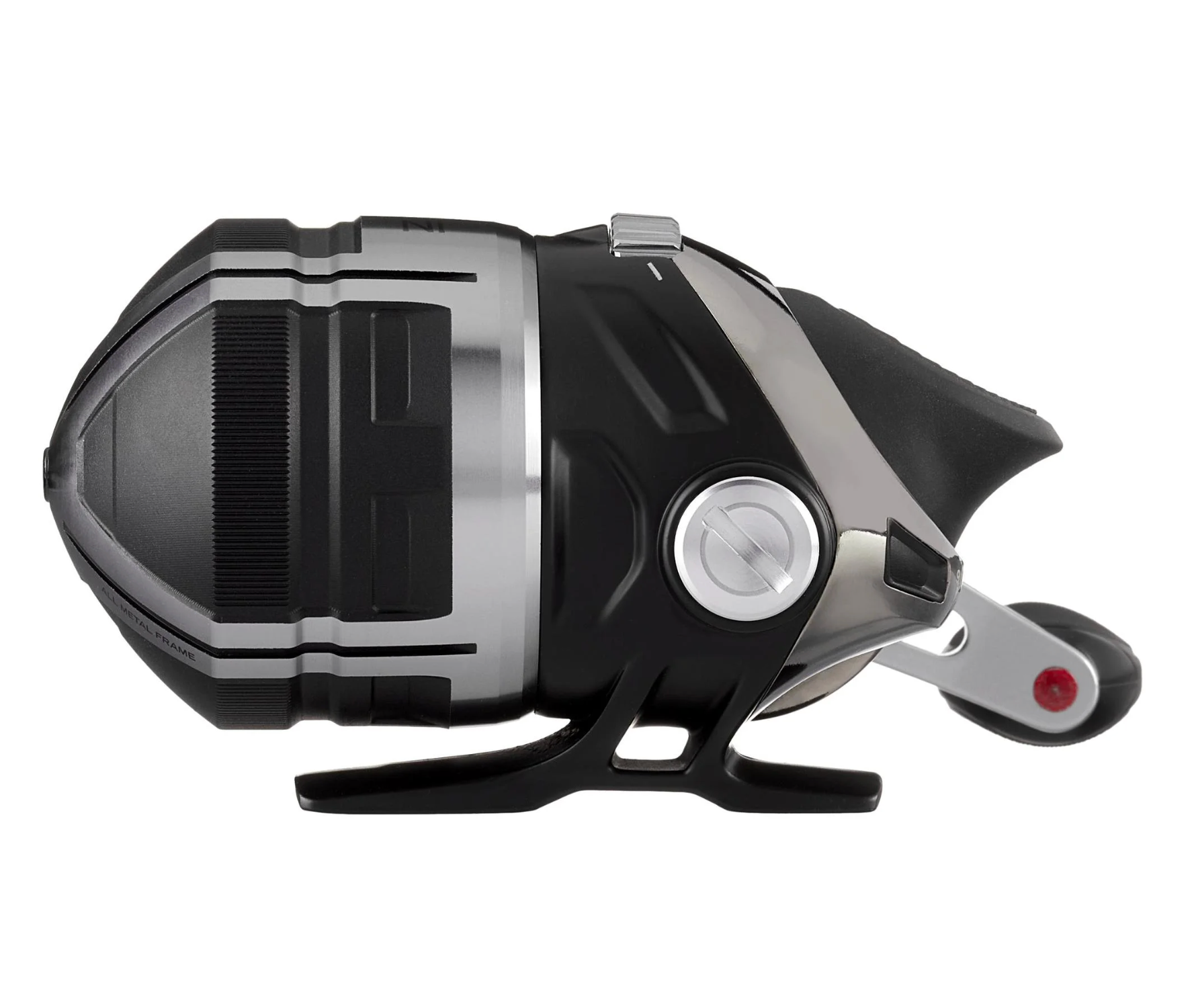 Fishing reel with black and silver design on a white background