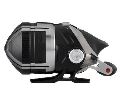 Fishing reel with black and silver design on a white background