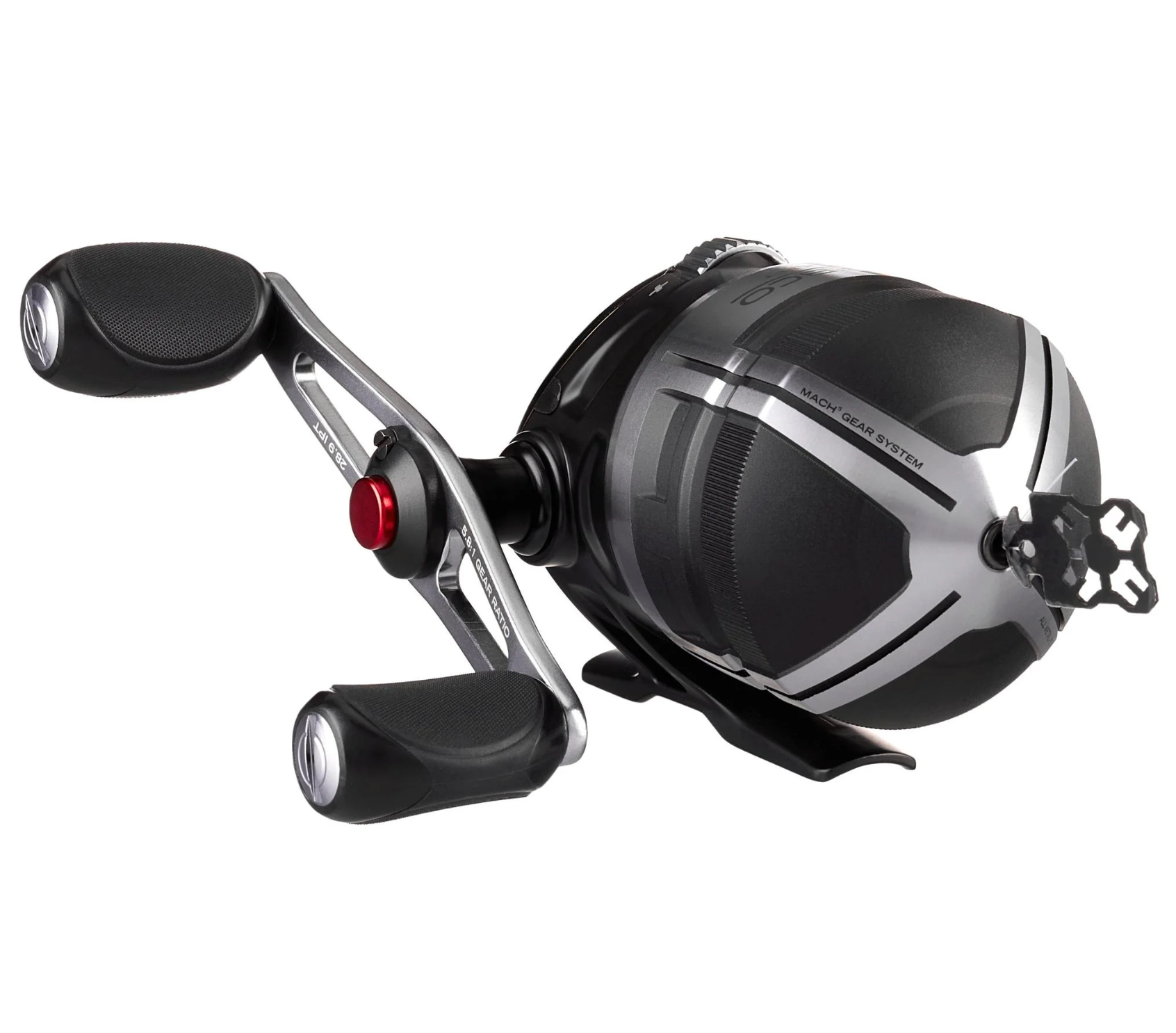 Fishing reel with black and silver design on a white background