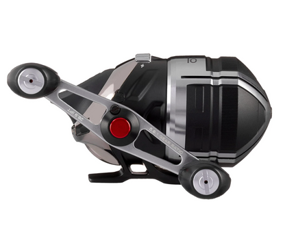 Fishing reel with black and silver design on a white background