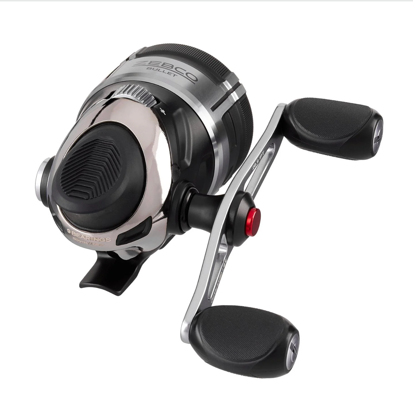 Fishing reel with black and silver design on a white background