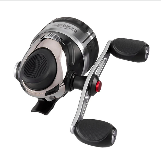 Fishing reel with black and silver design on a white background