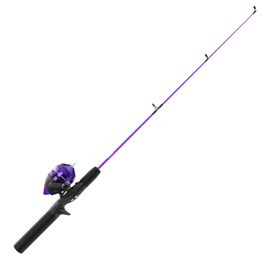 Fishing rod and reel set with purple accents on a white background