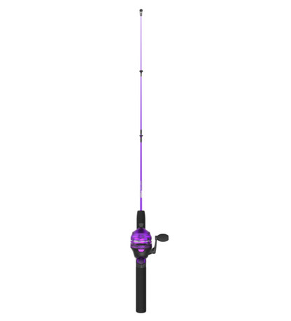 Fishing rod and reel set with purple accents on a white background