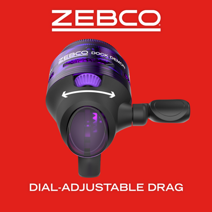 Fishing rod and reel set with purple accents on a white background