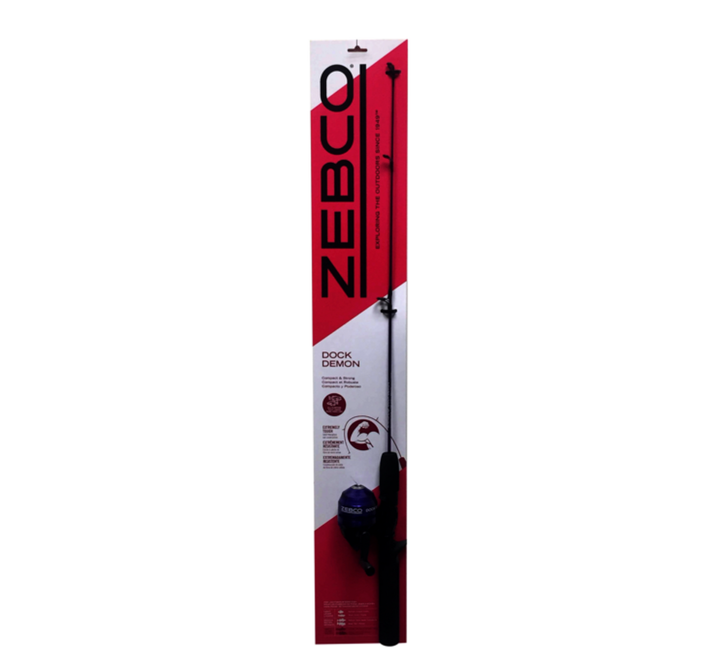 Fishing rod and reel set with purple accents on a white background